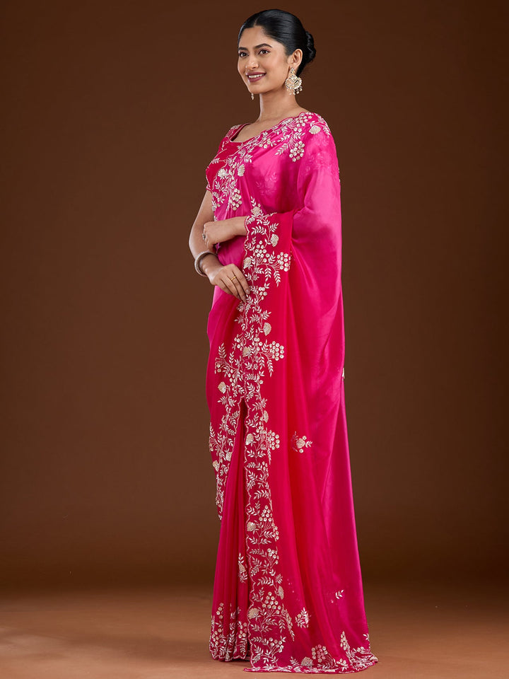 Rani Pink Aariwork Satin Saree-Koskii