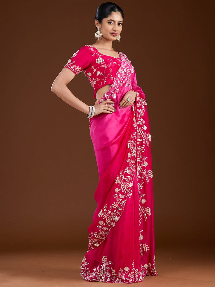 Rani Pink Aariwork Satin Saree-Koskii