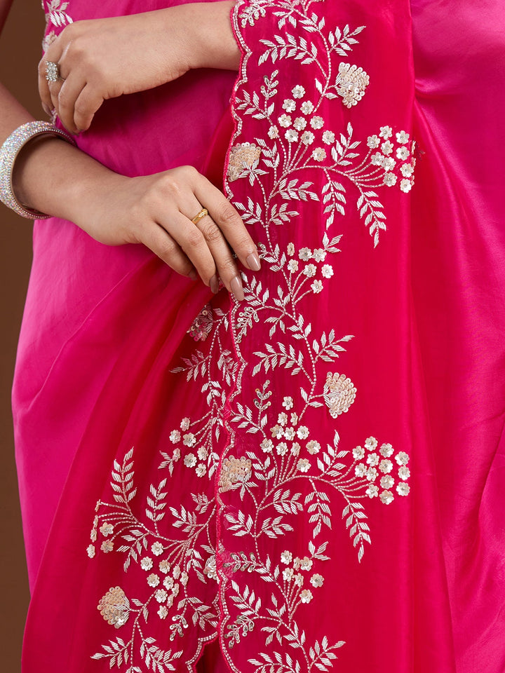 Rani Pink Aariwork Satin Saree-Koskii