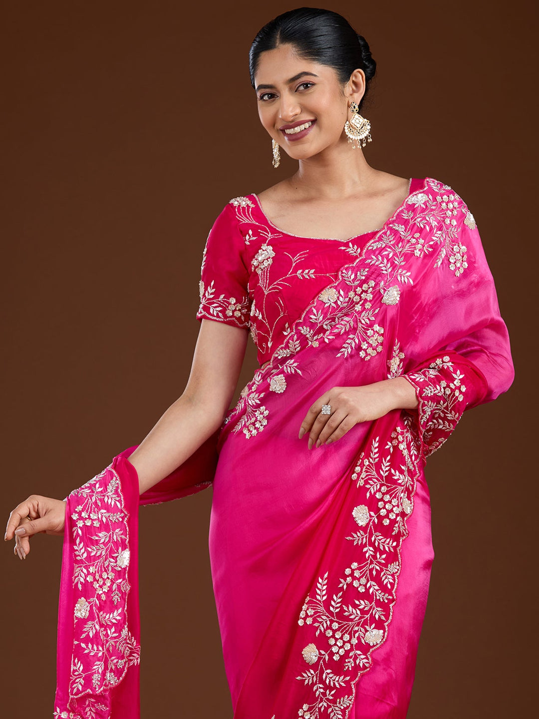 Rani Pink Aariwork Satin Saree-Koskii