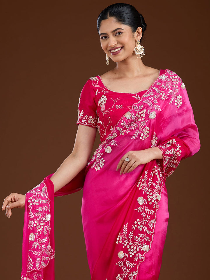 Rani Pink Aariwork Satin Saree-Koskii