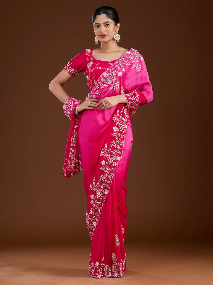 Rani Pink Aariwork Satin Saree-Koskii