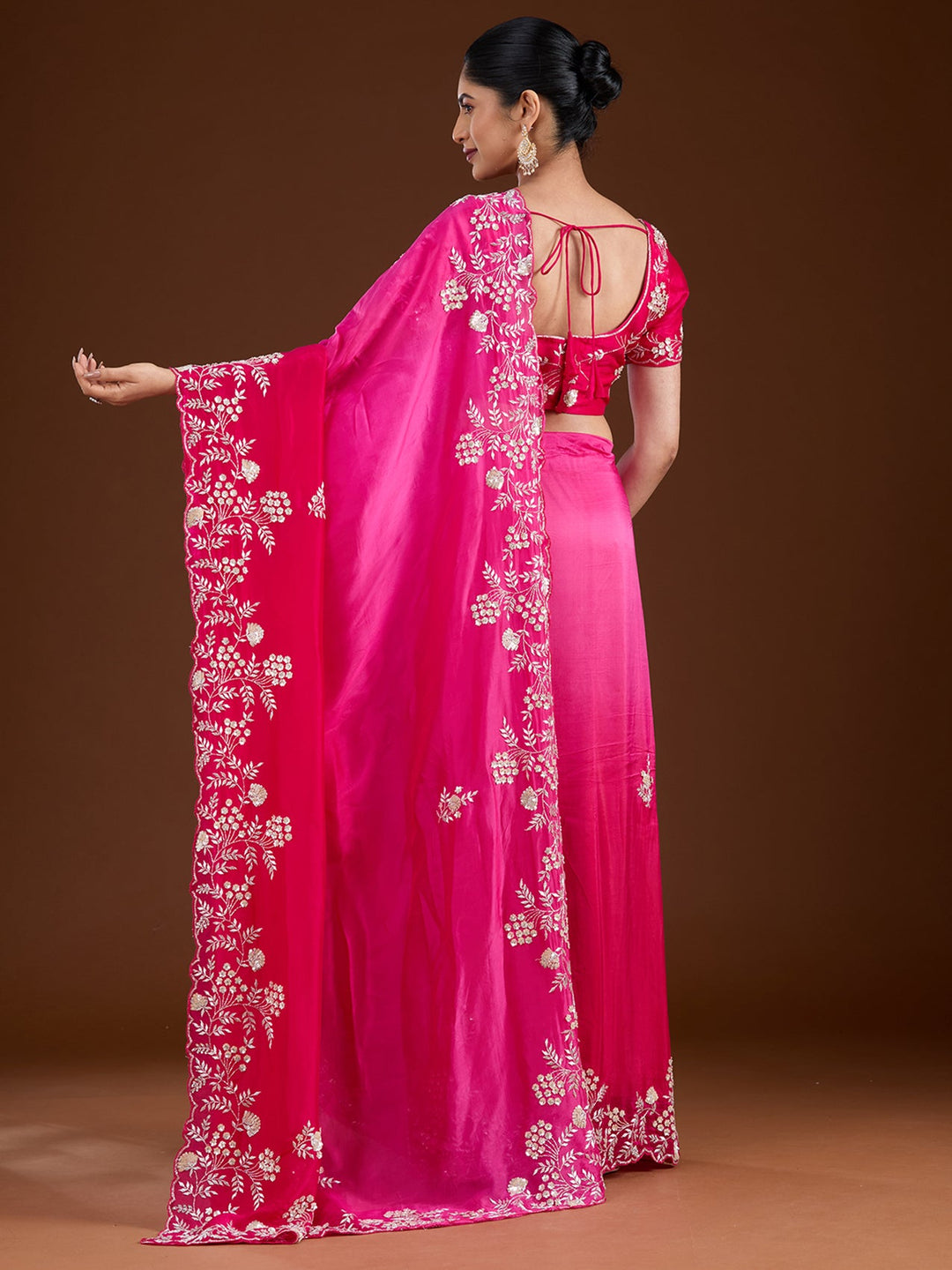 Rani Pink Aariwork Satin Saree-Koskii