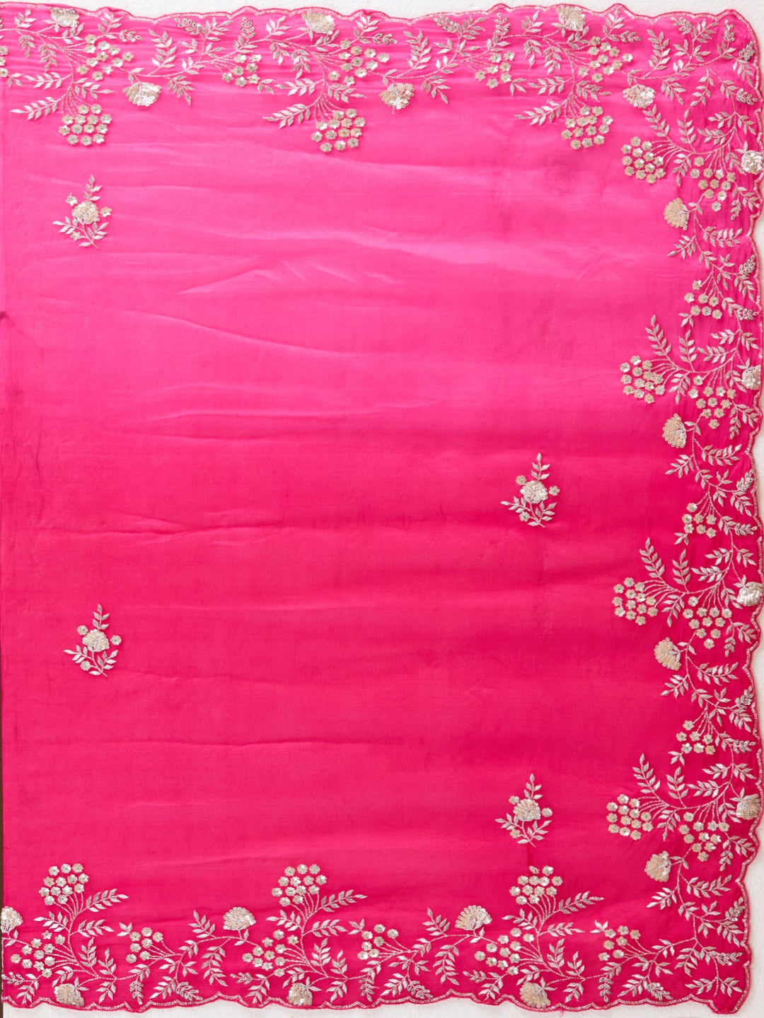 Rani Pink Aariwork Satin Saree-Koskii