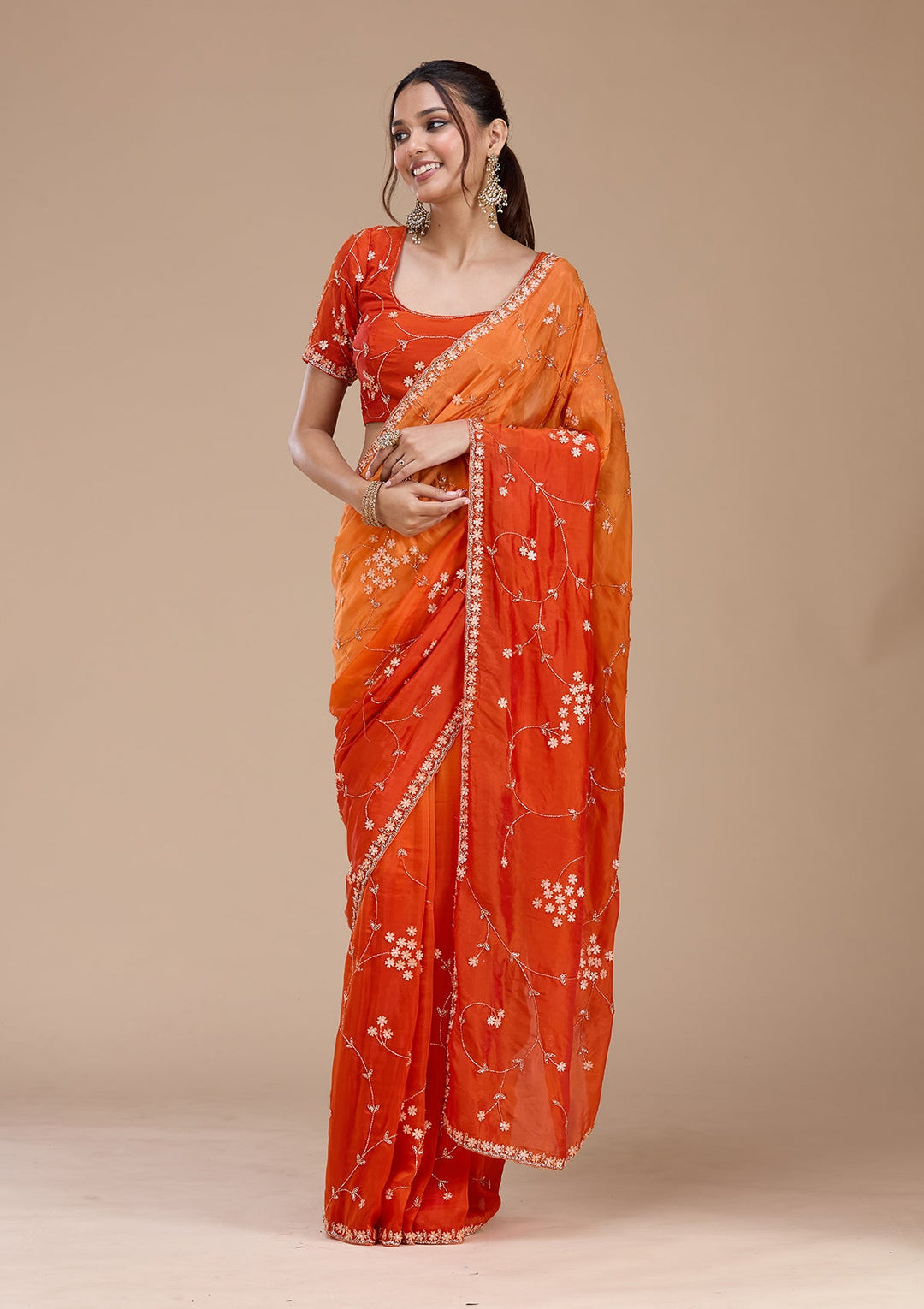 Orange Stonework Chiffon Saree_koskii