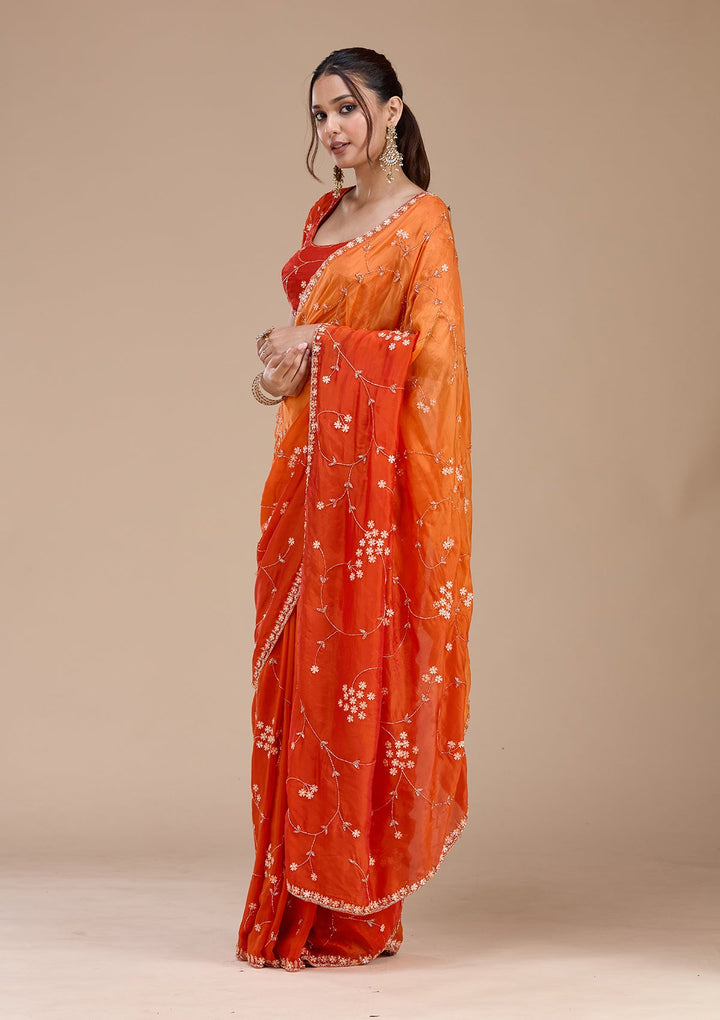 Orange Stonework Chiffon Saree_koskii