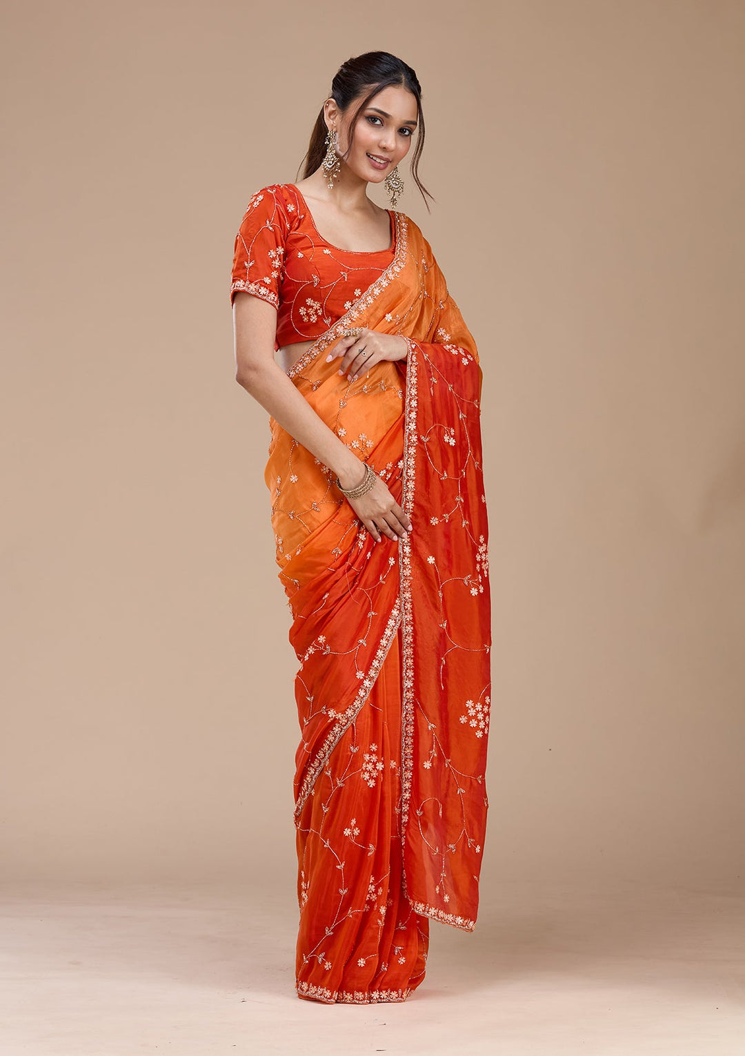 Orange Stonework Chiffon Saree_koskii