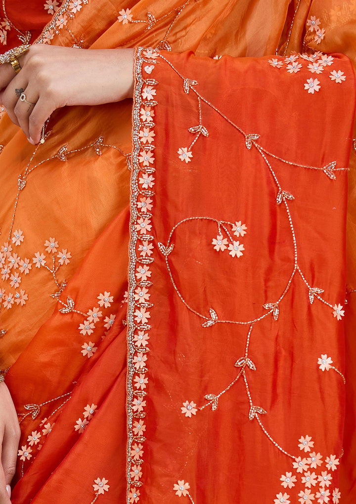 Orange Stonework Chiffon Saree_koskii