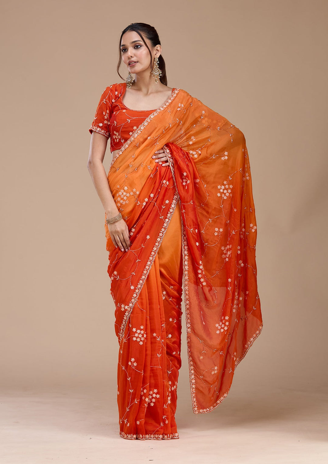 Orange Stonework Chiffon Saree_koskii