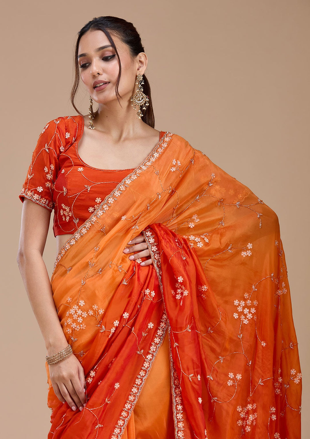 Orange Stonework Chiffon Saree_koskii