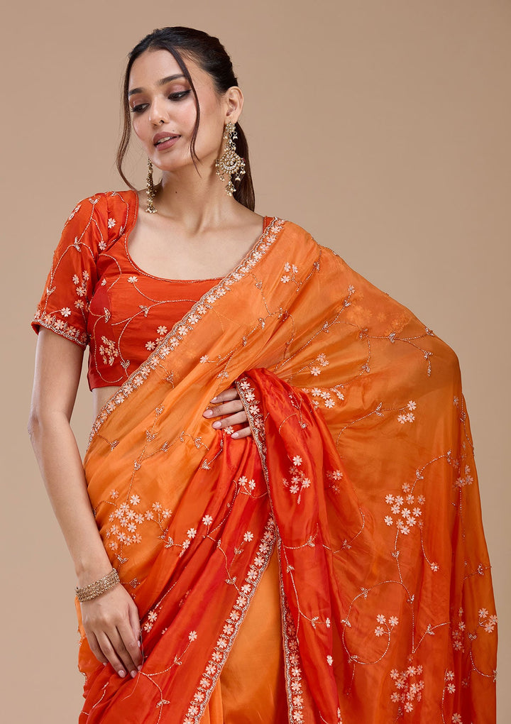 Orange Stonework Chiffon Saree_koskii