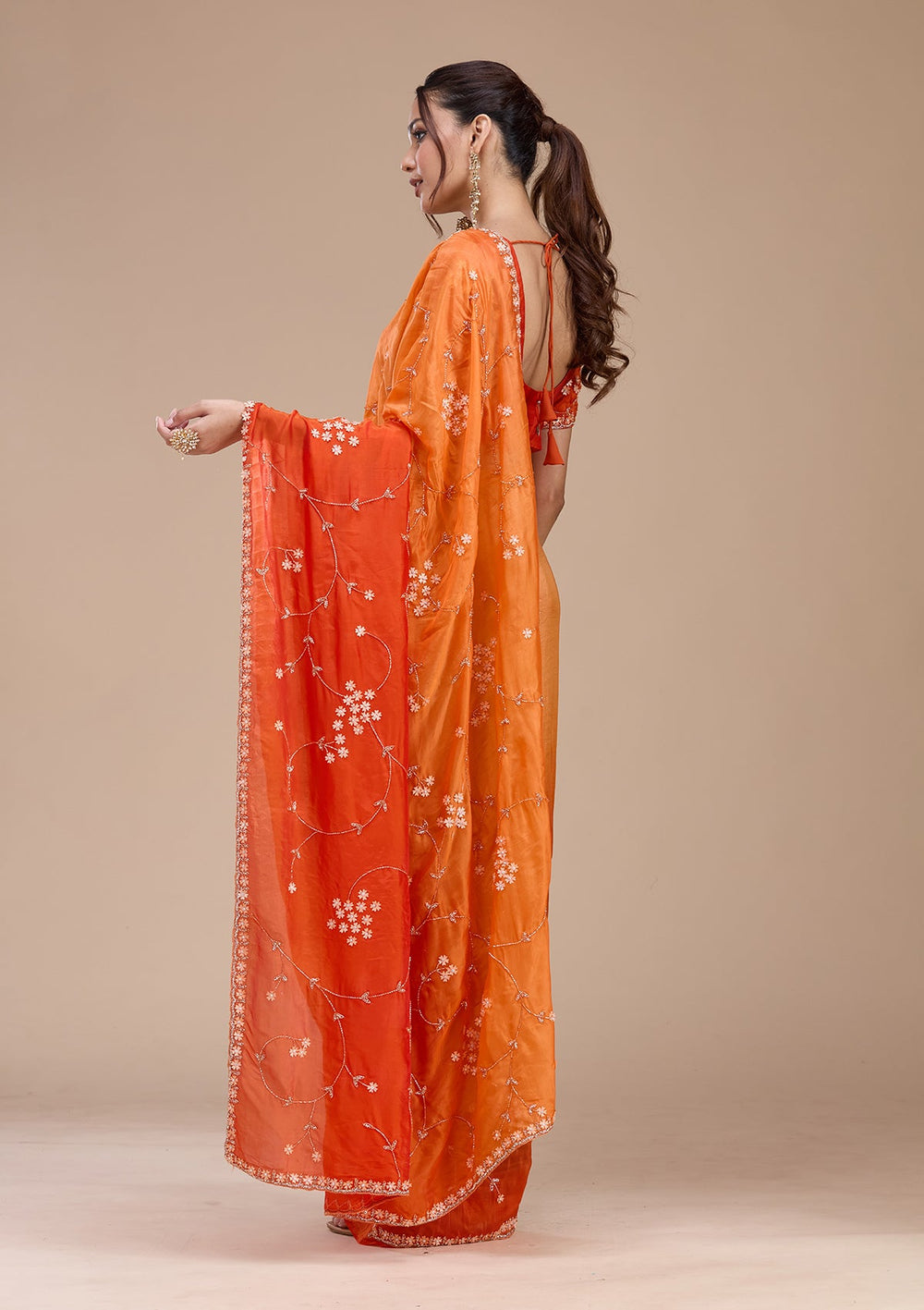 Orange Stonework Chiffon Saree_koskii