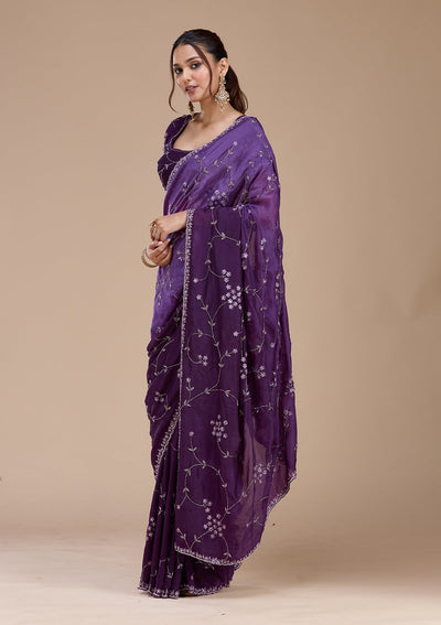 Purple Stonework Chiffon Saree-koskii