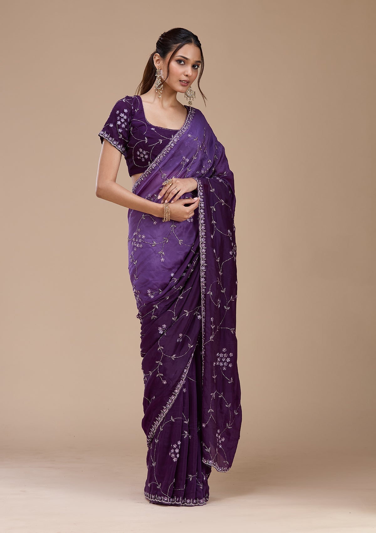 Purple Stonework Chiffon Saree-koskii