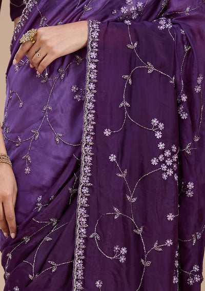 Purple Stonework Chiffon Saree-koskii