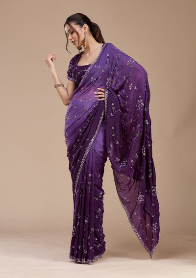 Purple Stonework Chiffon Saree-koskii
