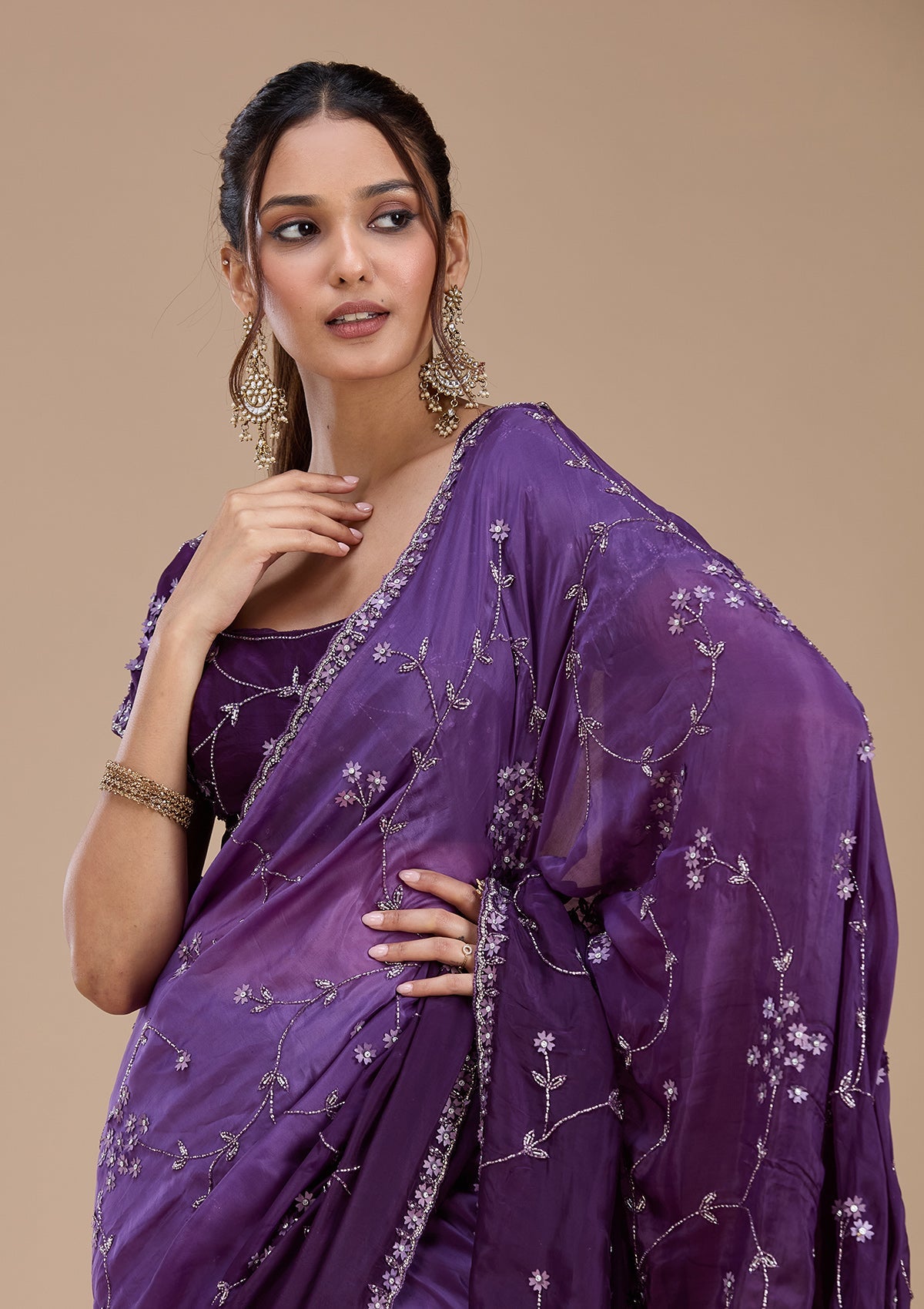 Purple Stonework Chiffon Saree-koskii