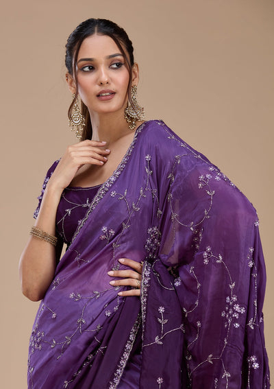 Purple Stonework Chiffon Saree-koskii