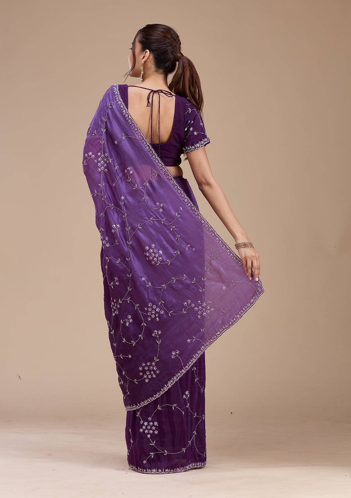 Purple Stonework Chiffon Saree-koskii