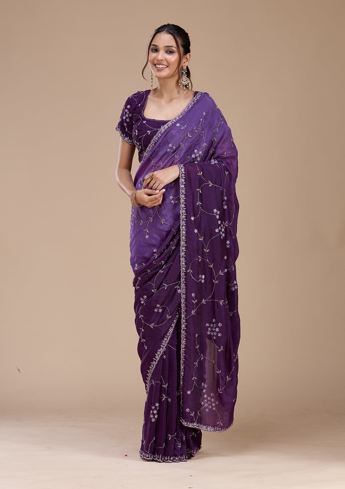 Purple Stonework Chiffon Saree-koskii