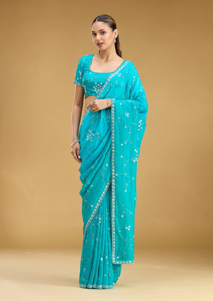 Turquoise Blue Aariwork Satin Saree