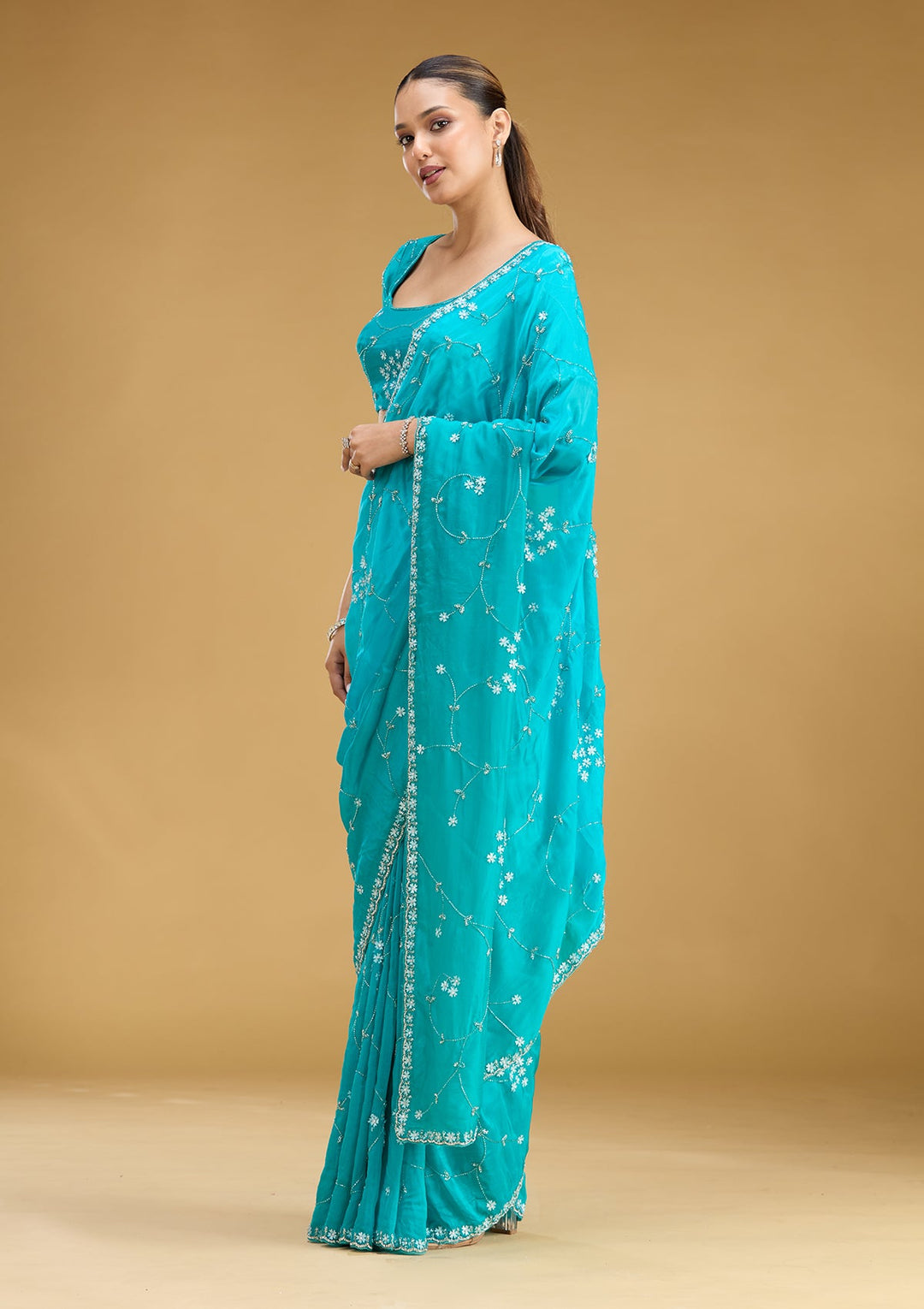 Turquoise Blue Aariwork Satin Saree