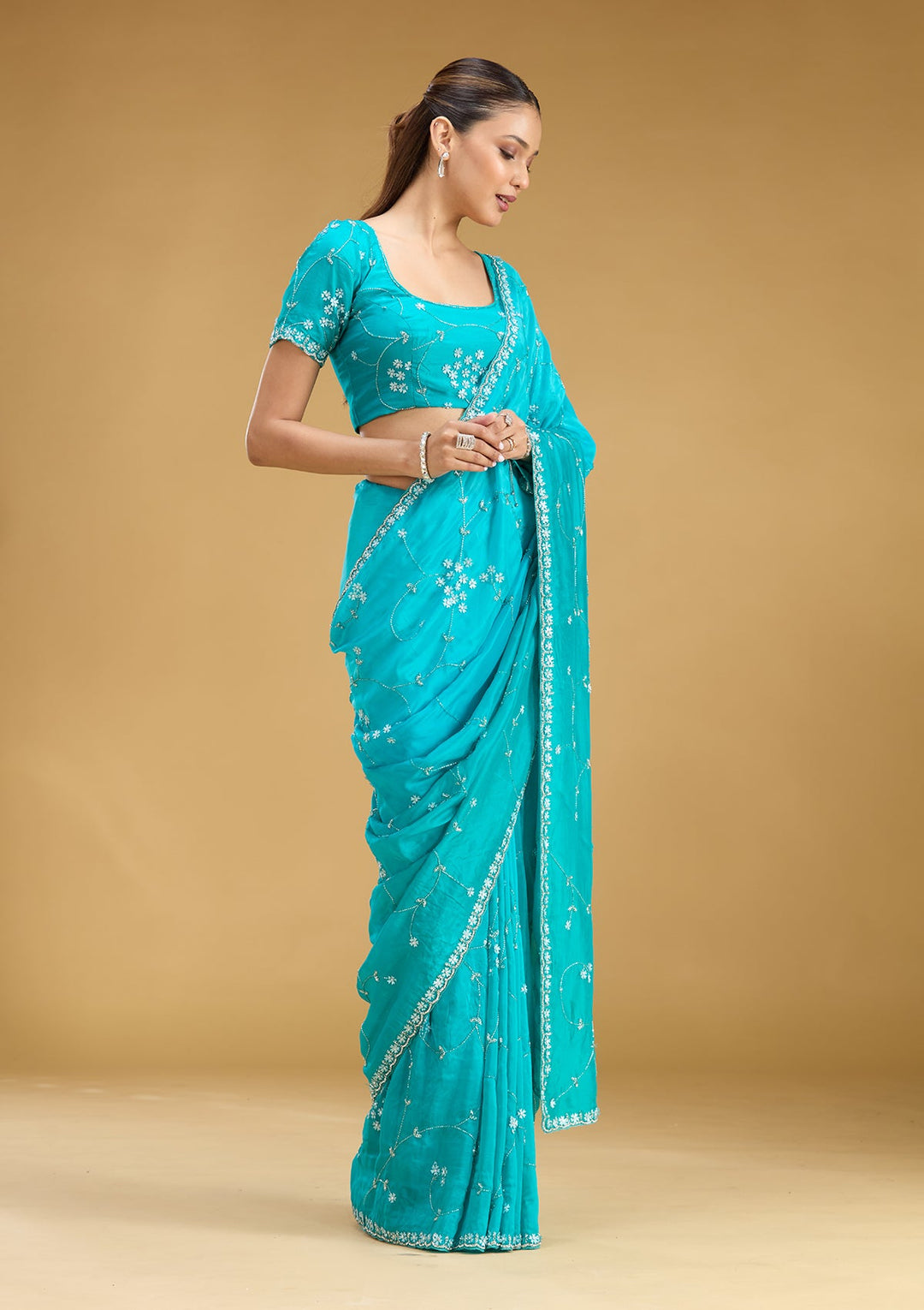Turquoise Blue Aariwork Satin Saree