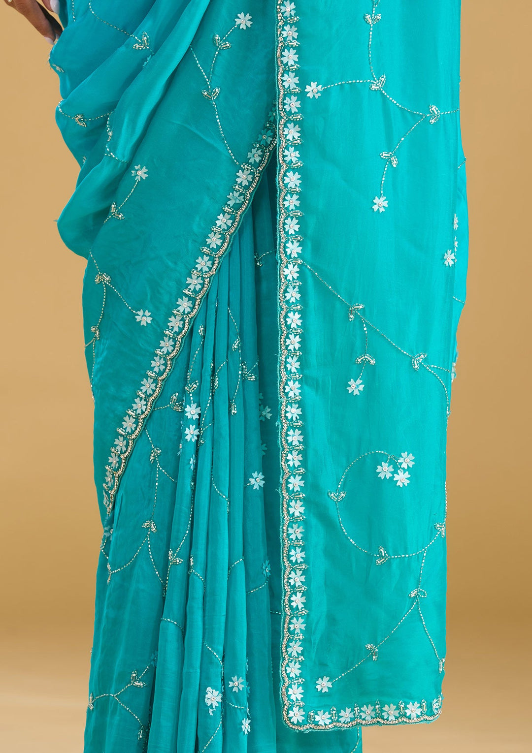 Turquoise Blue Aariwork Satin Saree
