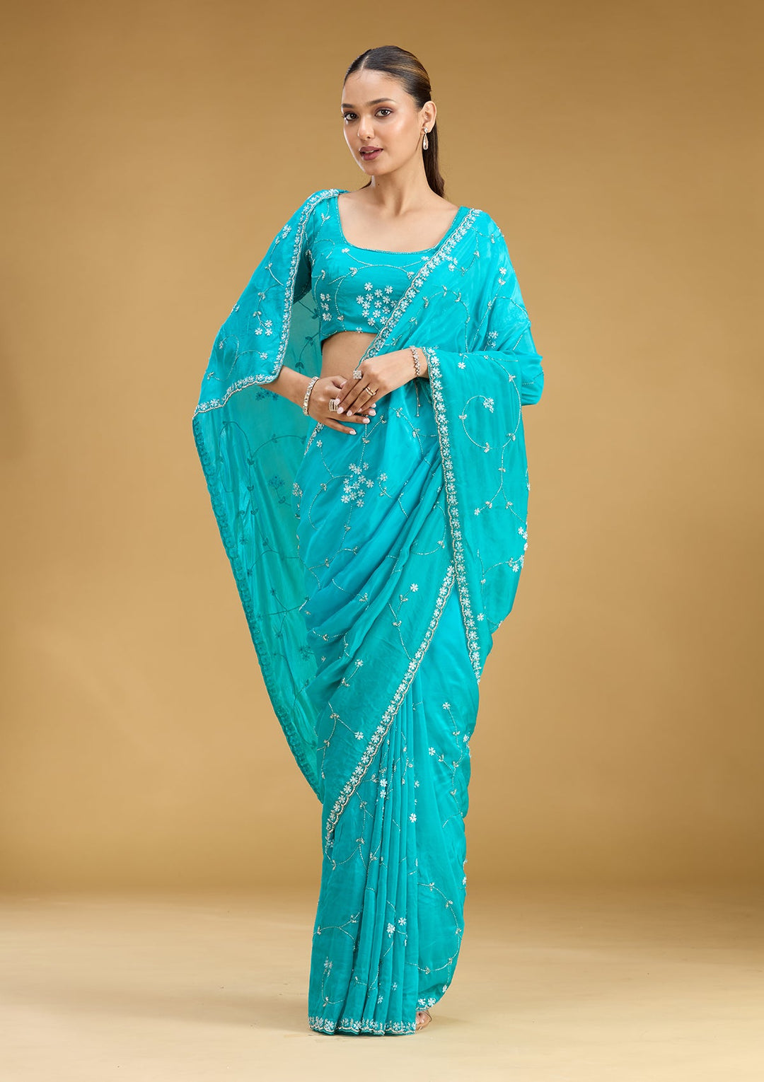 Turquoise Blue Aariwork Satin Saree