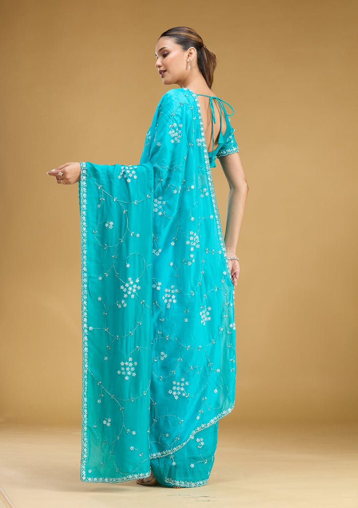 Turquoise Blue Aariwork Satin Saree