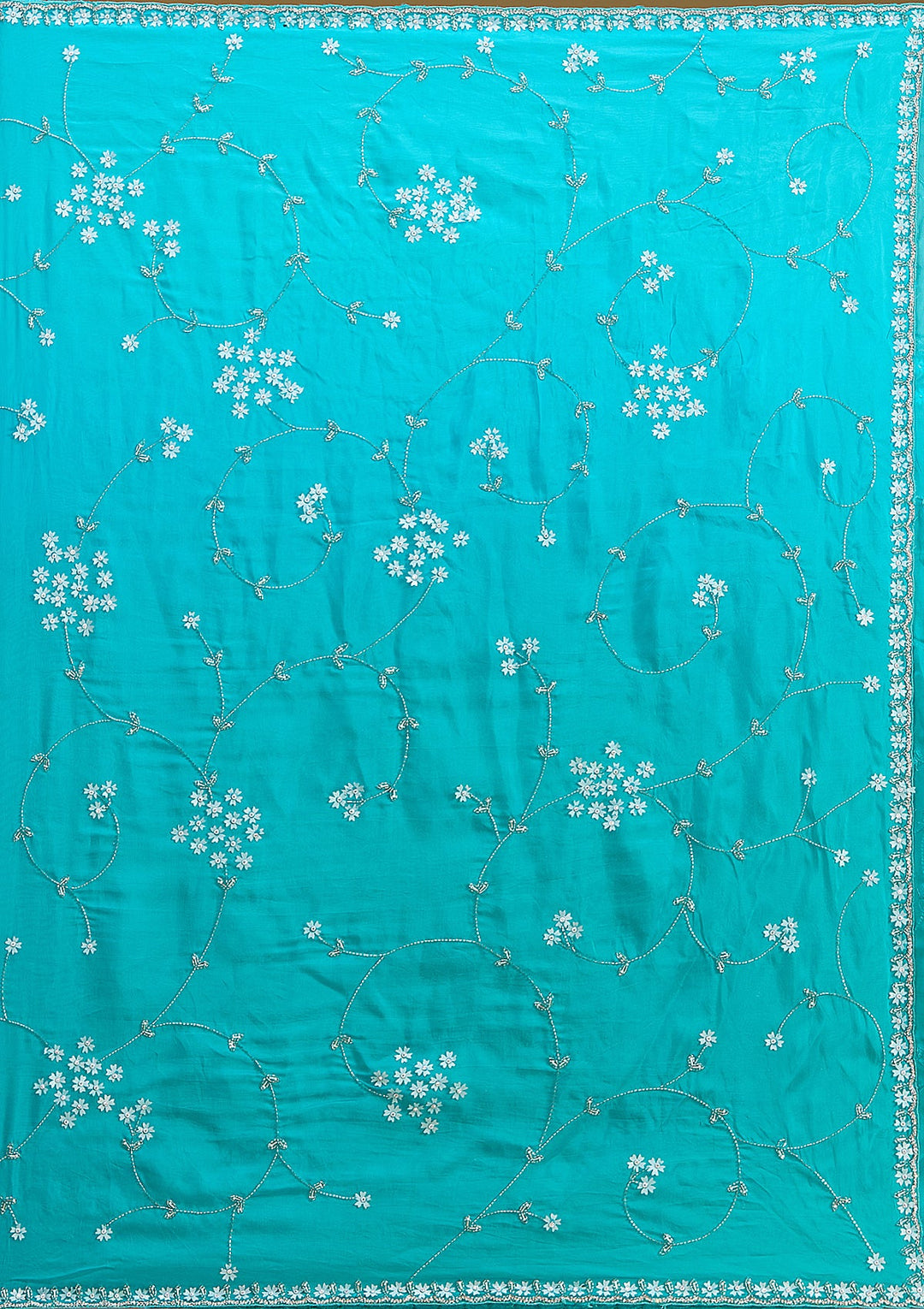 Turquoise Blue Aariwork Satin Saree