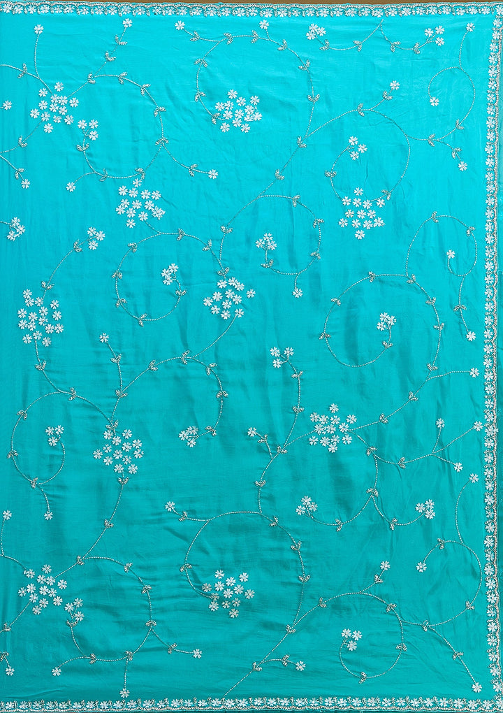 Turquoise Blue Aariwork Satin Saree