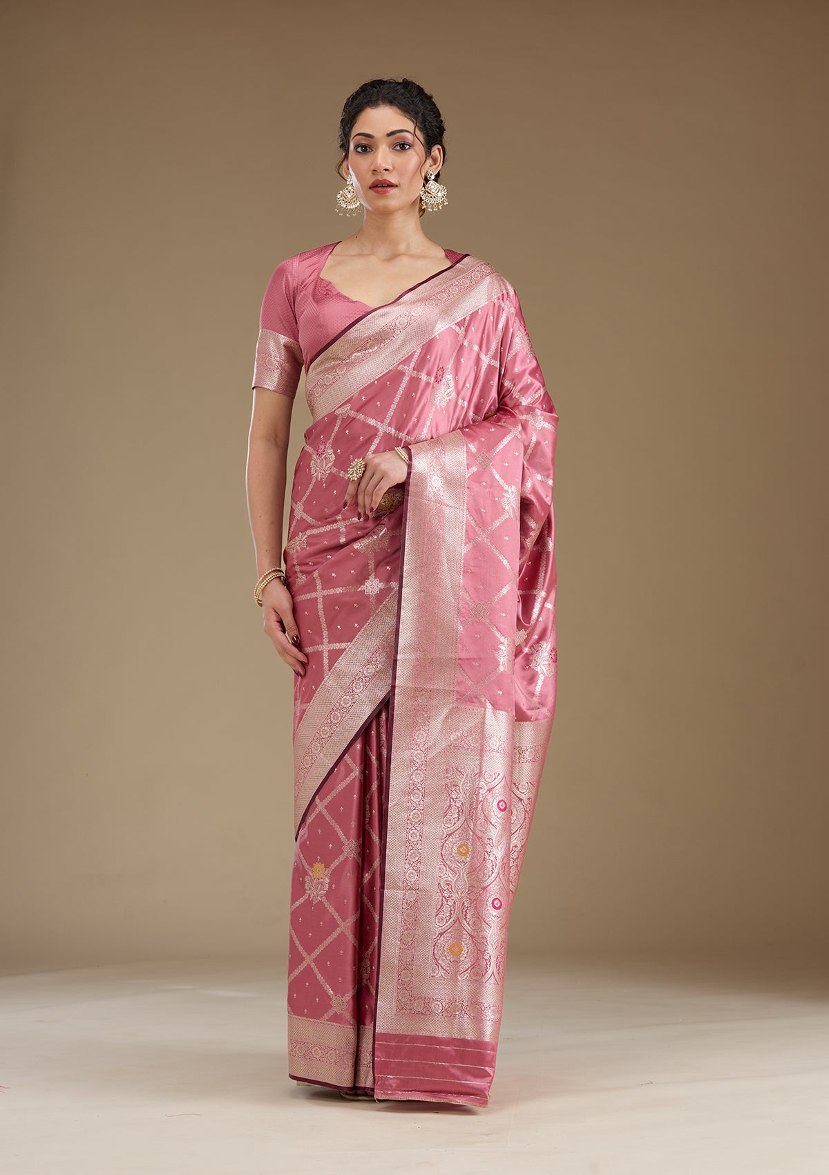 Onion Pink Zariwork Satin Saree