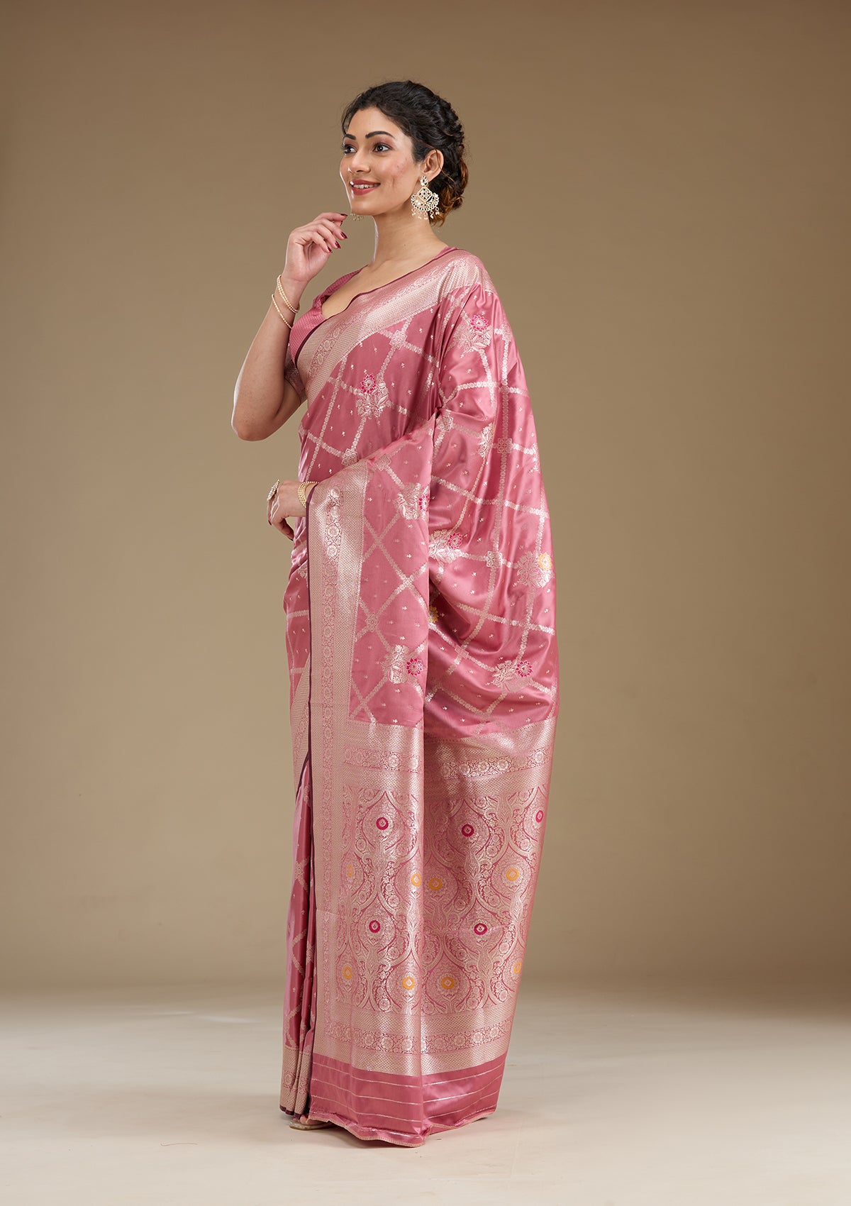 Onion Pink Zariwork Satin Saree