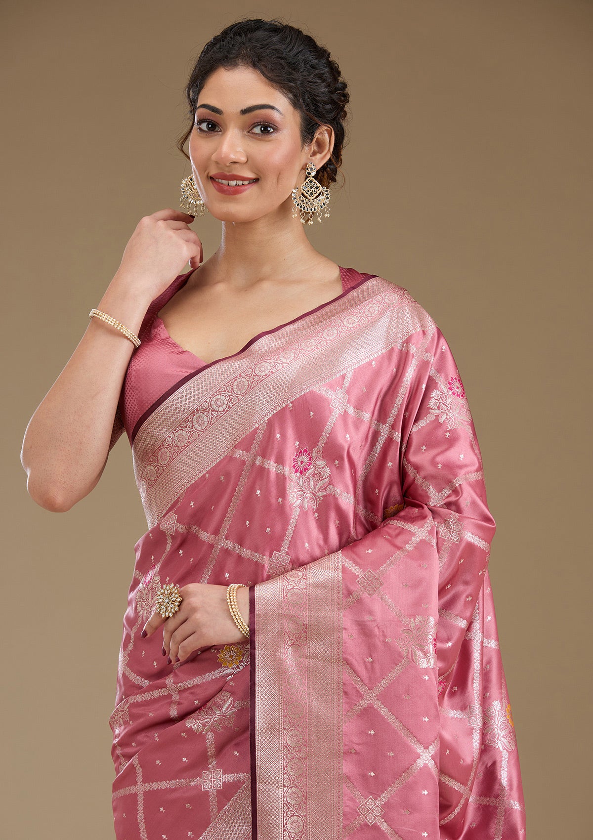 Onion Pink Zariwork Satin Saree