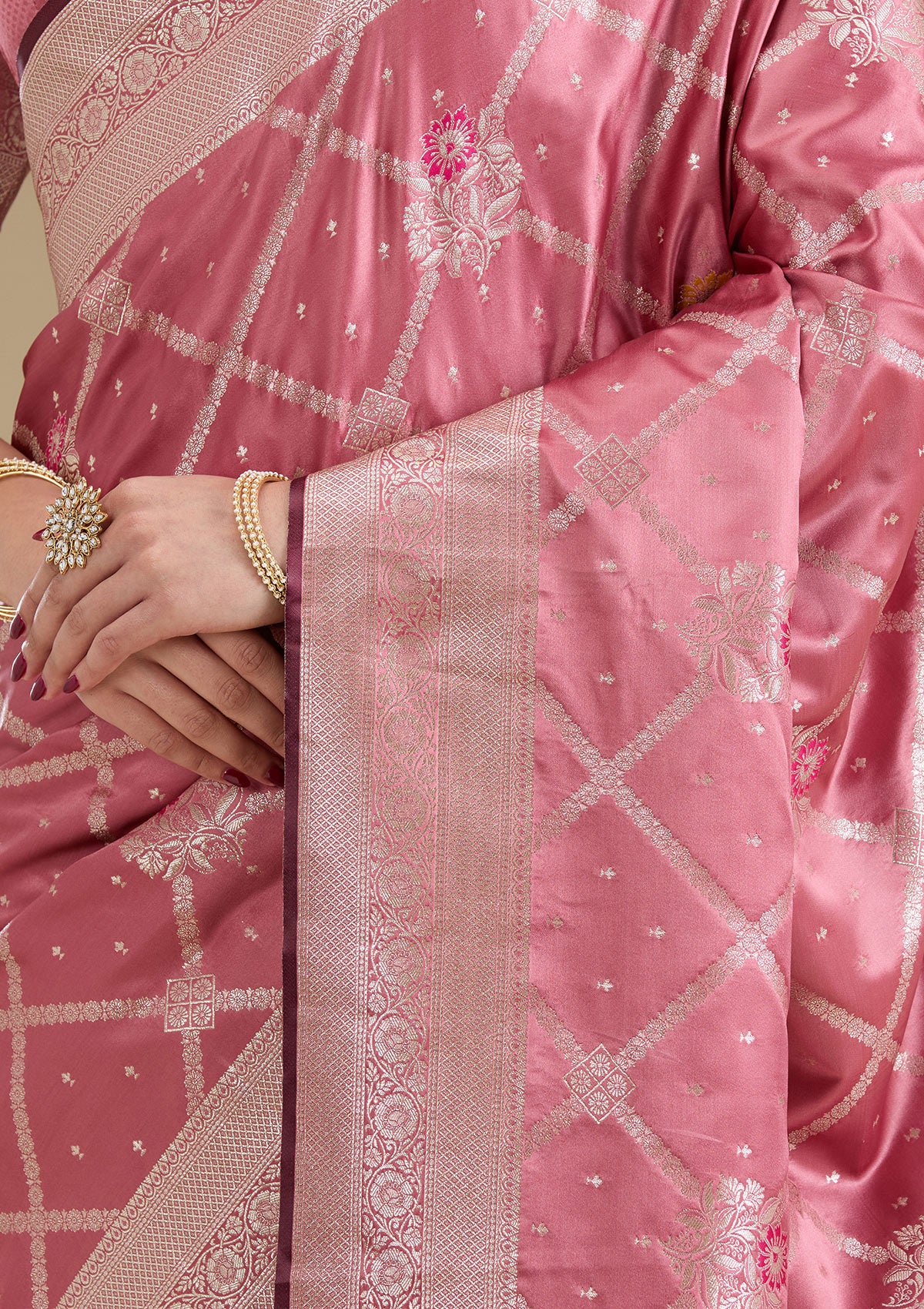 Onion Pink Zariwork Satin Saree