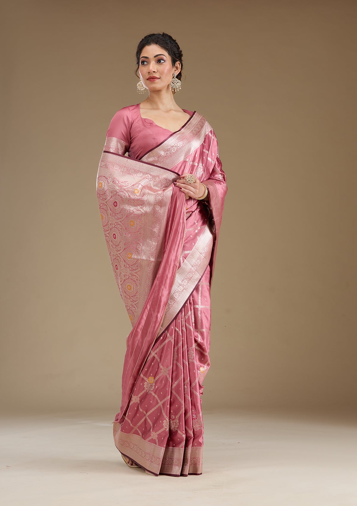 Onion Pink Zariwork Satin Saree