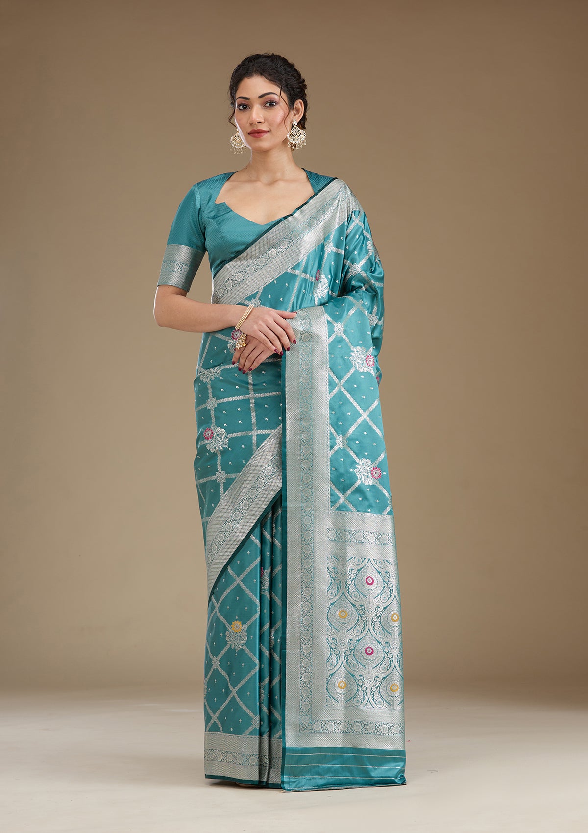 Peacock Blue Zariwork Satin Saree