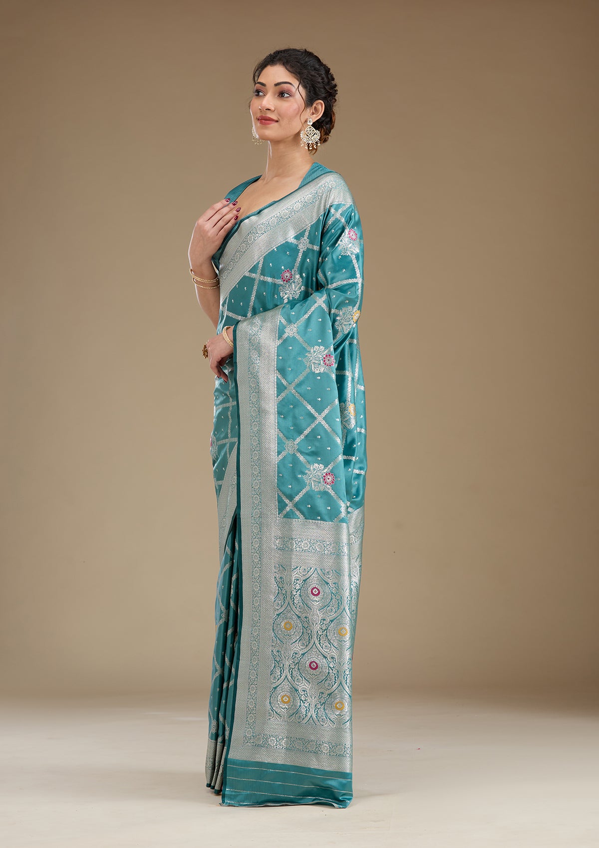 Peacock Blue Zariwork Satin Saree