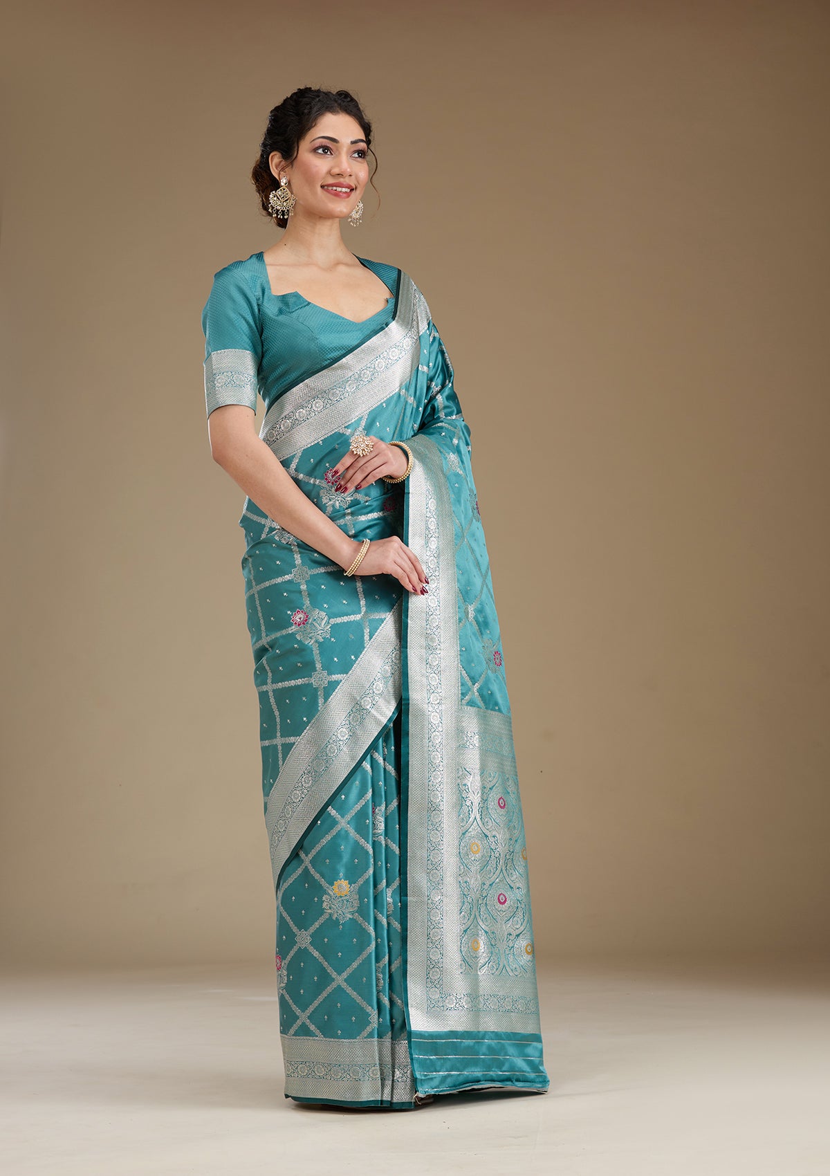 Peacock Blue Zariwork Satin Saree