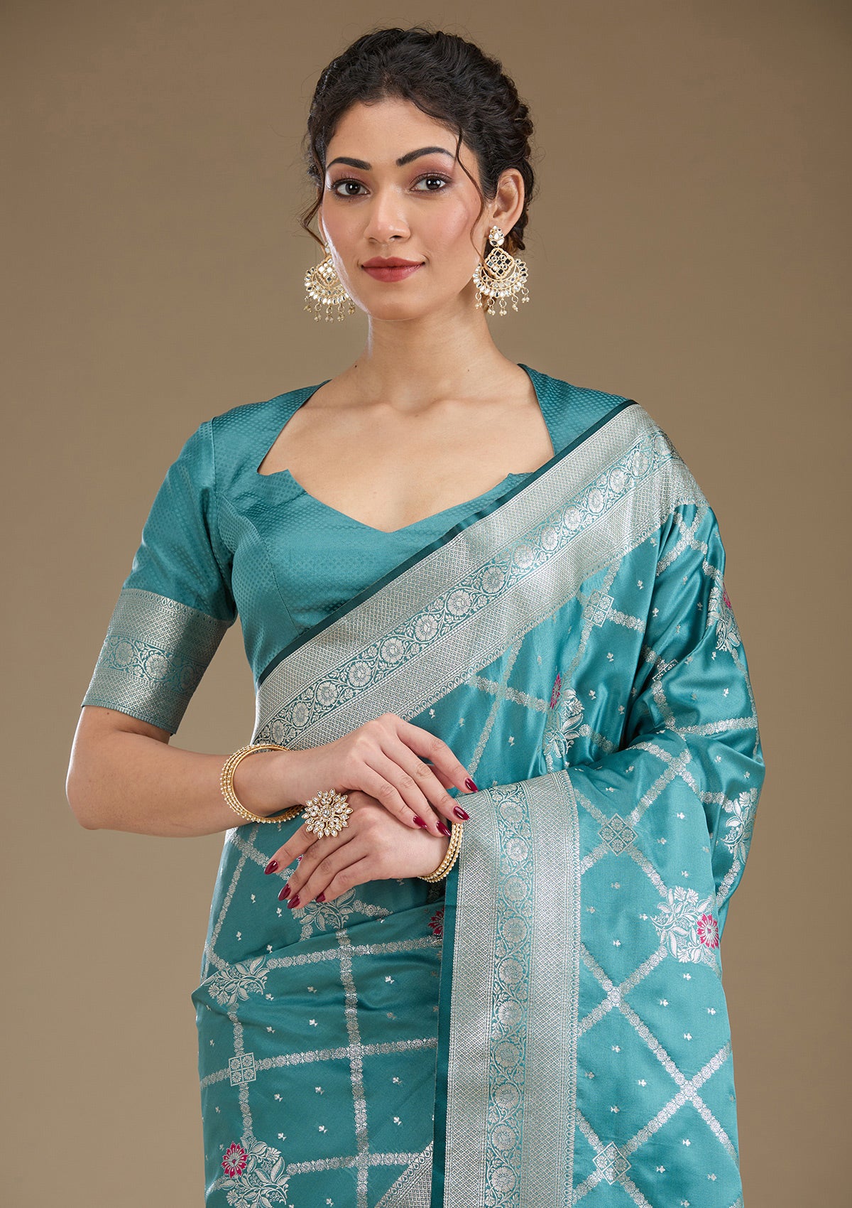 Peacock Blue Zariwork Satin Saree