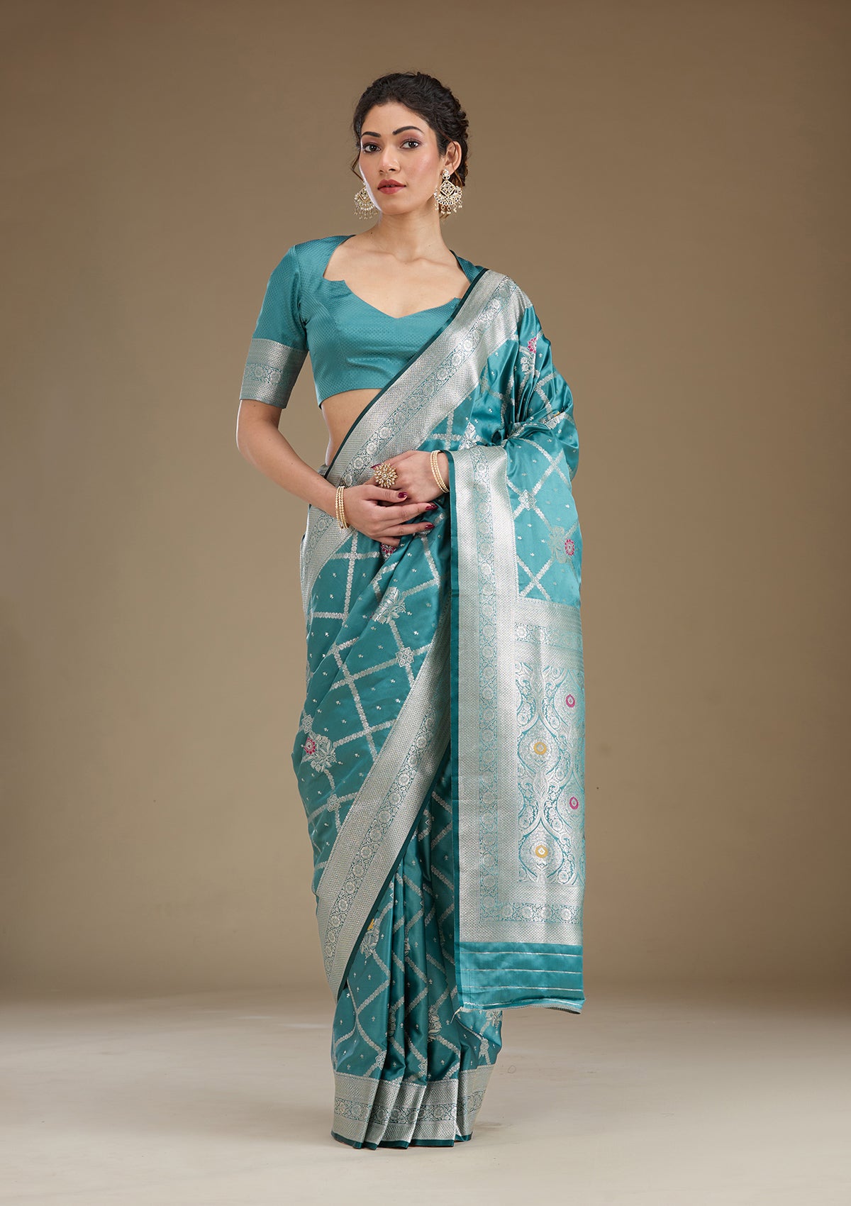 Peacock Blue Zariwork Satin Saree