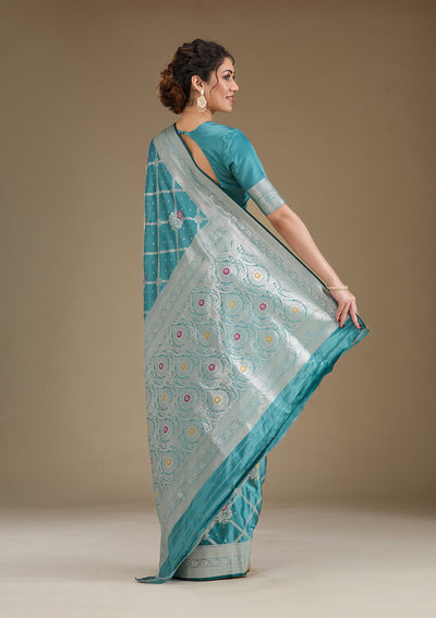 Peacock Blue Zariwork Satin Saree