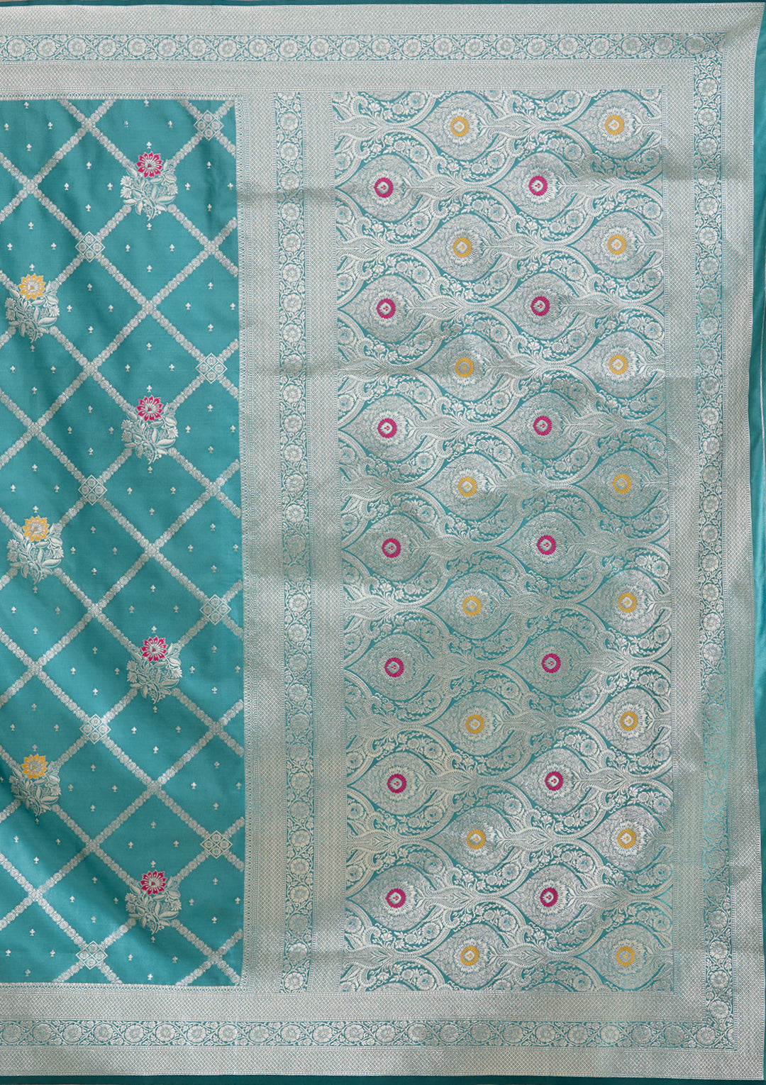 Peacock Blue Zariwork Satin Saree