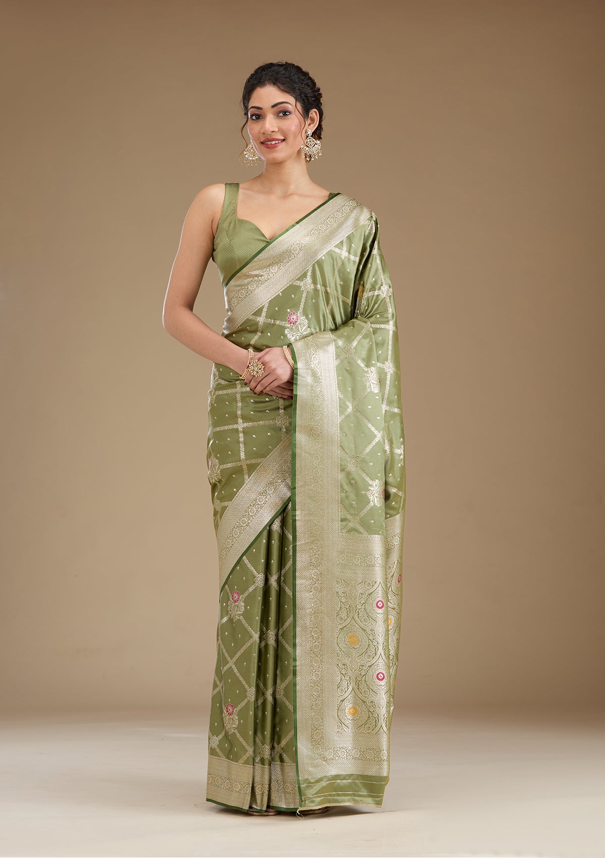 Pista Green Zariwork Satin Saree