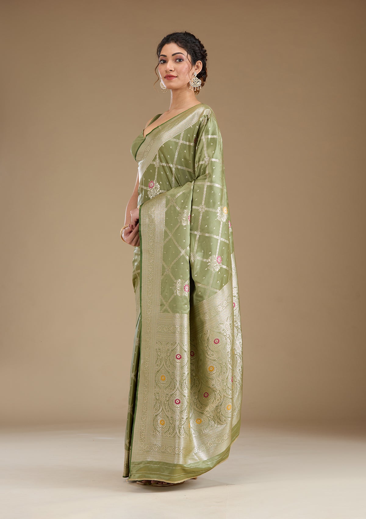 Pista Green Zariwork Satin Saree