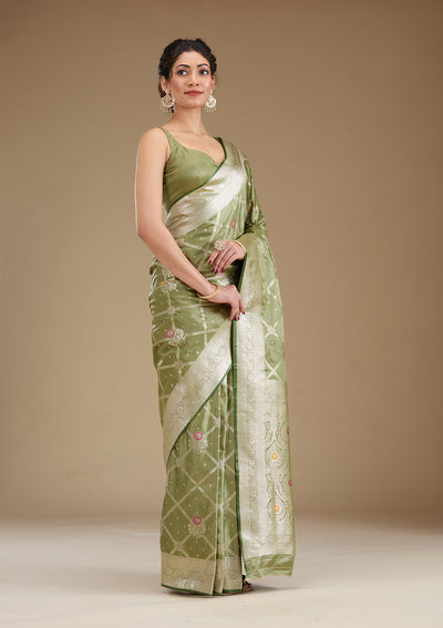 Pista Green Zariwork Satin Saree