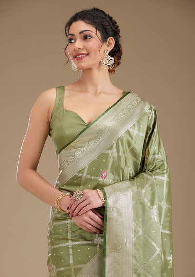 Pista Green Zariwork Satin Saree