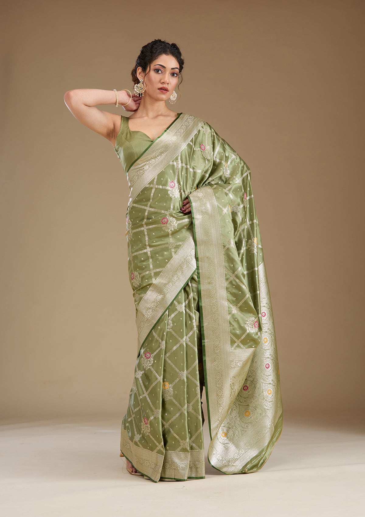 Pista Green Zariwork Satin Saree