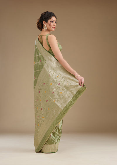 Pista Green Zariwork Satin Saree